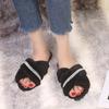 Fashion Luxury Pearl Chain Cross Strap Fur Slippers Women Autumn Round Toe Thick Bottom Outdoor Slides Soft Sole Short Plush Slippers