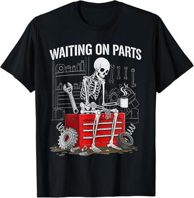Tricou amuzant Mecanic Schelet Așteptând Piese Viața Reparațiilor Auto