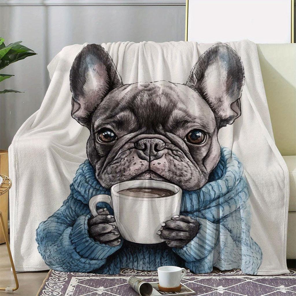 1pc Vintage French Bulldog with Coffee Print Flannel Throw Blanket - Cozy Soft Polyester Knitted Blanket for Sofa,Nap Blanket