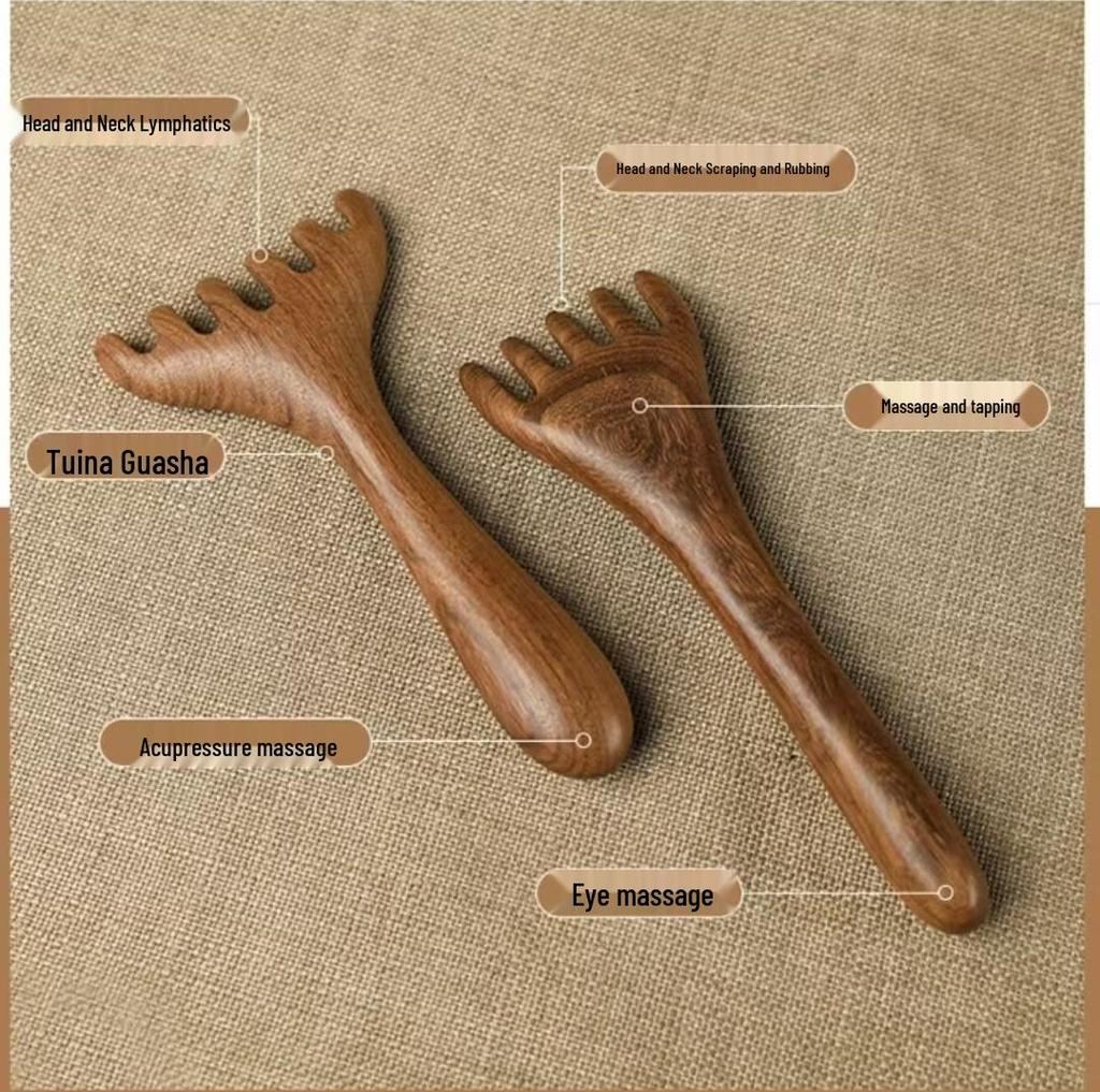 Sandalwood Meridian Massage Comb: Five-Claw Lymph Scraping & Dredging Comb for Head, Neck, Scalp.