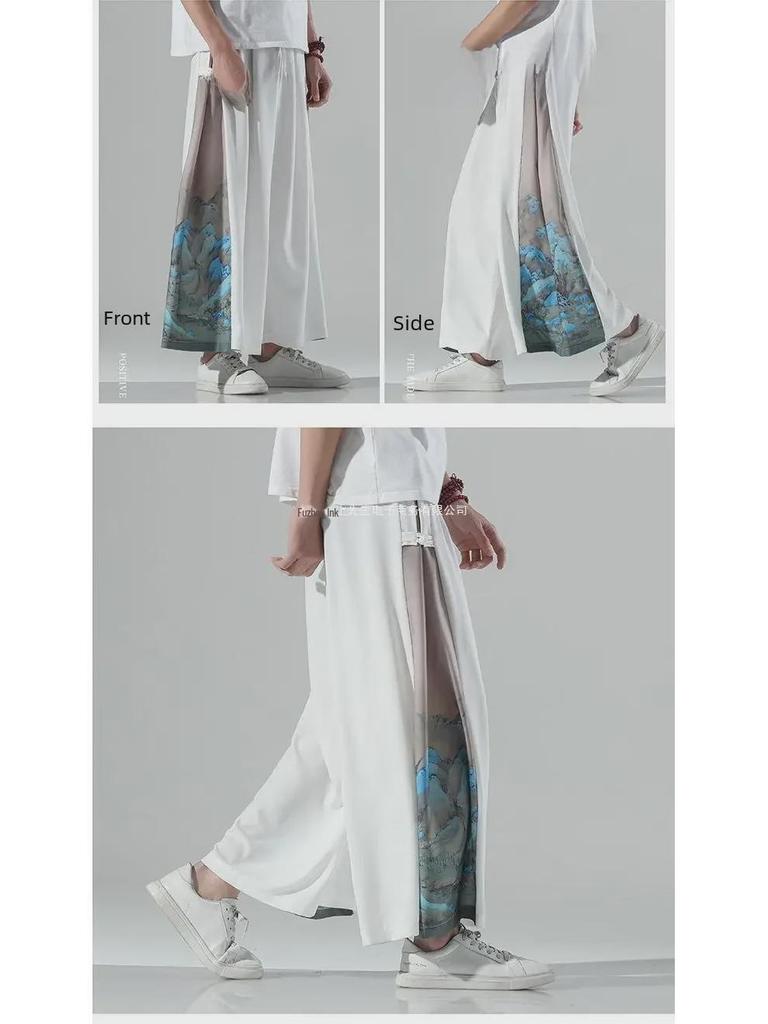 Men's Summer Ice Silk Hanfu Pants: Ancient Style, Chinese Print, Casual Nine-Point Fit
