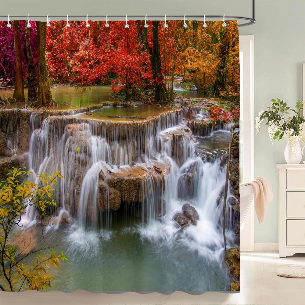 Nature Forest Waterfall 3D Shower Curtain landscape Bathroom Curtains Waterproof Fabric With Hooks Home Decoration Bath Curtain