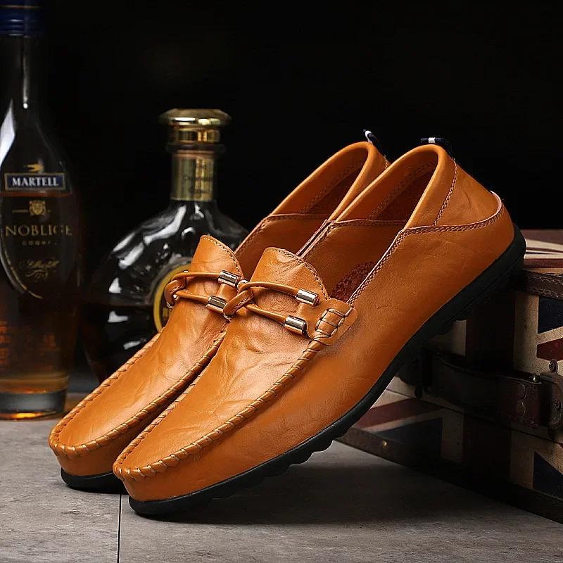 Fashion Men's Shoes Spring/Summer Cowhide Casual Shoes Men's English Lazy Leather  Soft Leather Flat Bottom Doug  Loafers Men
