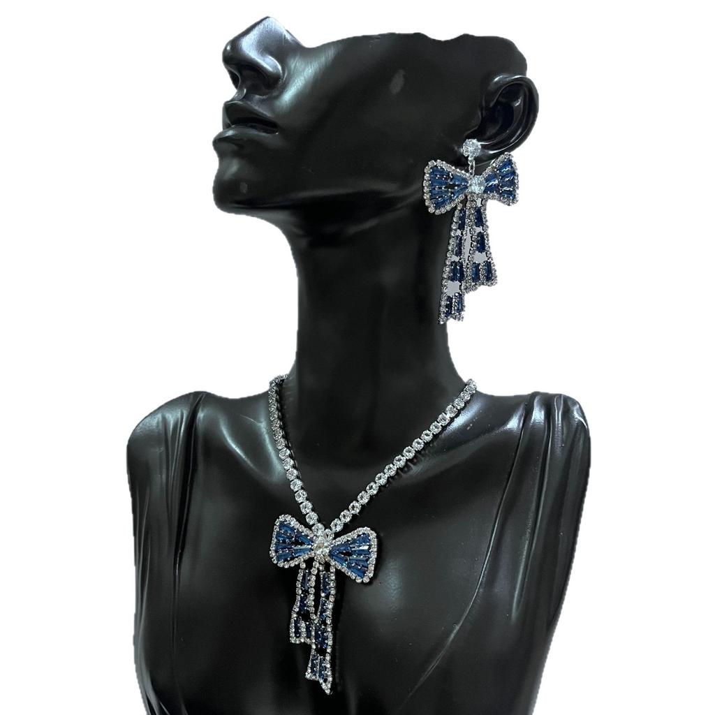 Korean Bow Necklace Ins Full Diamond Tassel Temperament Light Luxury Rhinestone Simple Neck Chain Collarbone Chain Fashion Jewelry