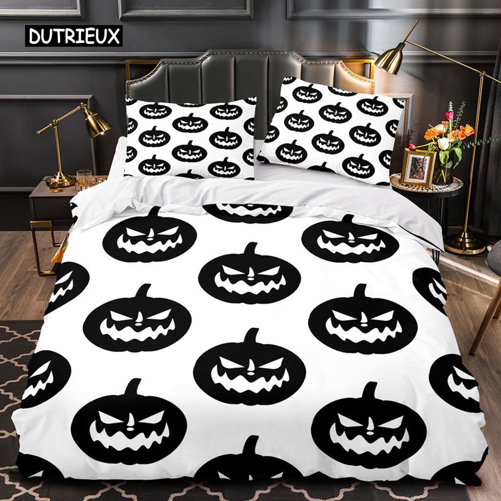 Halloween King Queen Duvet Cover Kawaii Cartoon Skull Bedding Set Kids Boys Orange Pumpkin Skeleton 2/3pcs Polyester Quilt Cover