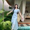 2026 French Summer Puff Sleeve Square Neck Long Dress with Irregular Waist and Pleated Design