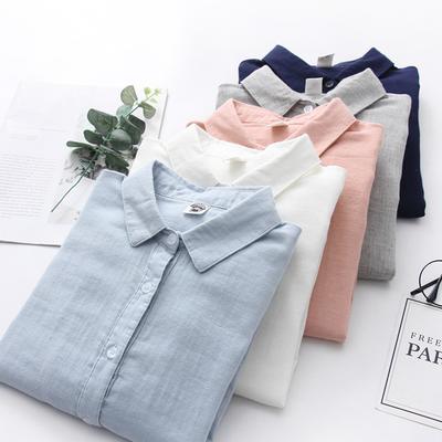 Women Blouses Long Sleeve Comfortable Office Shirt Cotton Yarn Casual Tops Solid Color