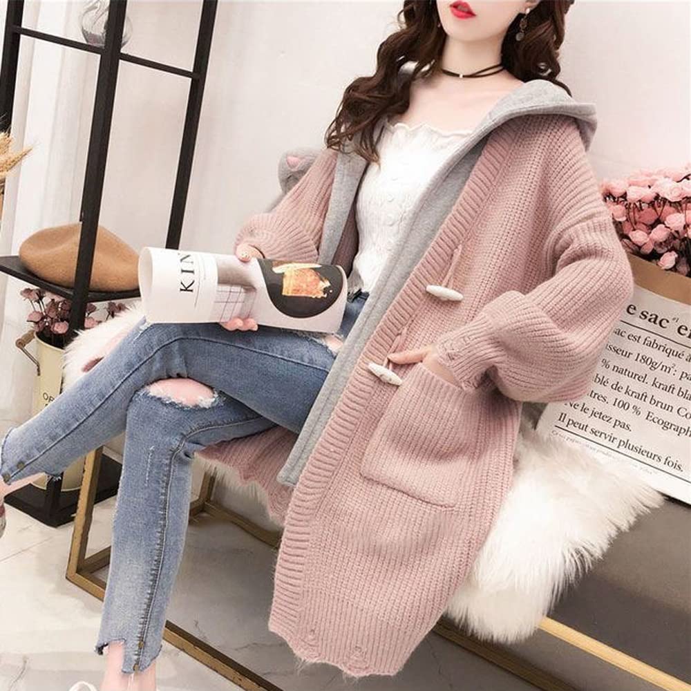 Village Hooded Knit Outerwear Loose D128 H&T Women's Cardigan, Jacket, Stylish, Elegant, Casual, Fit, Oversized, Popular, Warm, Autumn/Winter, (L,