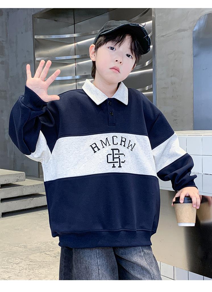Children's Korean Retro Contrasting Polo Collar Sweatshirt with Cotton Fabric for Boys In Spring and Autumn, Long Sleeved Pullover Sweater