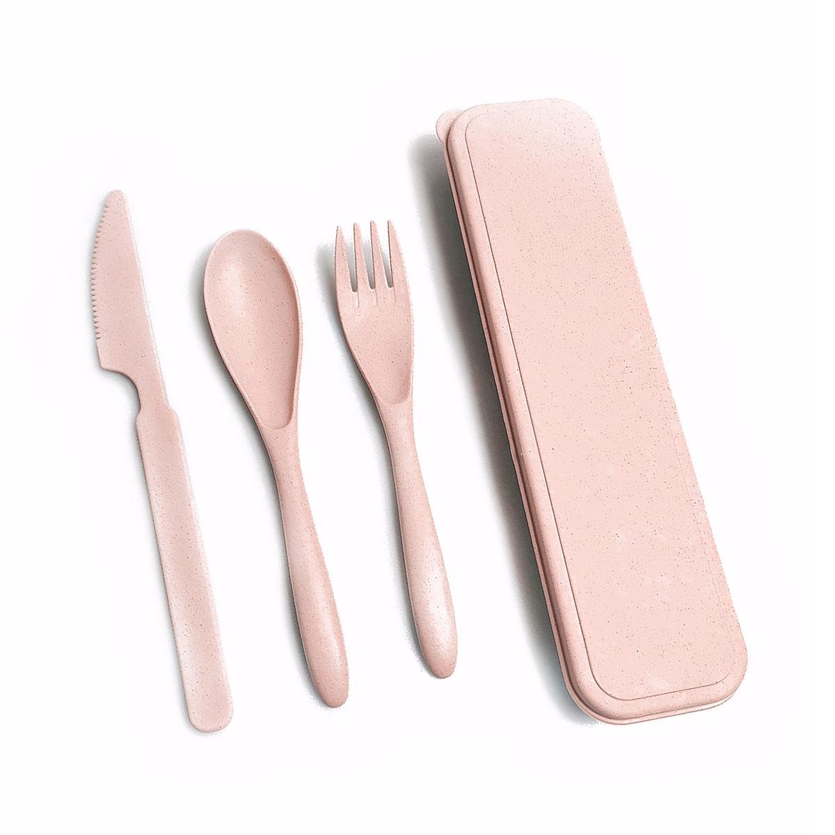 

Набір столового посуду Портативний одноколірний столовий посуд багаторазового використання для внутрішнього використання на відкритому повітрі для домашнього кемпінгу з футляром для зберігання рожевий