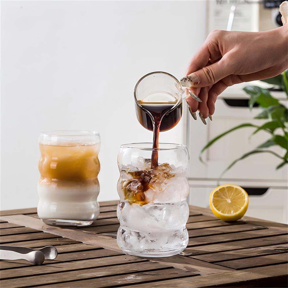 4Pcs Creative Glass Cups Coffee Mug Vintage Drinking Glasses Ribbed Iced Coffee Glasses Tumbler Cup with Straws Set