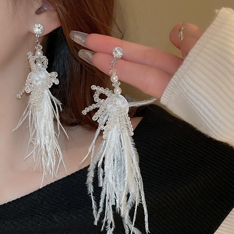Bohemian Feather Seed Bead Tassel Earrings - Retro Ethnic Dangle Jewelry