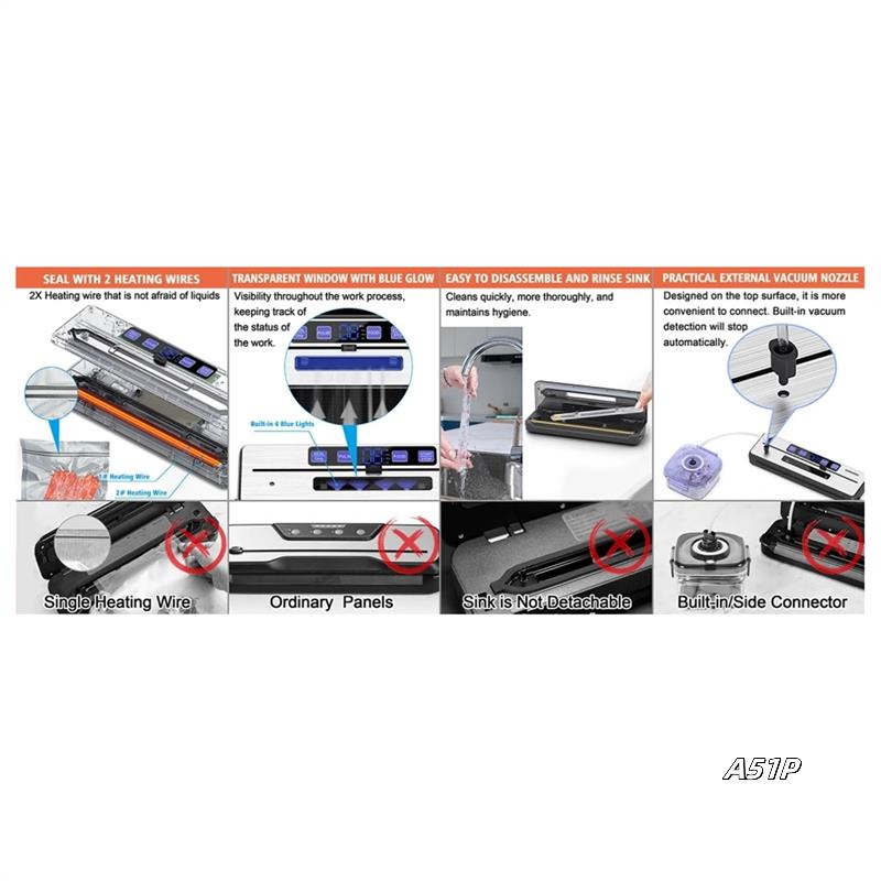 

Запайщик пакетов Food Sealer Pro Запайщик пакетов с 5 пакетами и шлангом-аксессуаром и встроенным резаком Штепсель EU