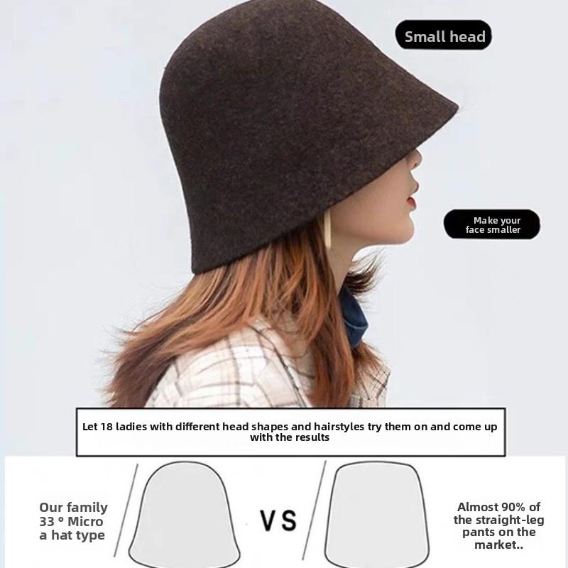 Australian Wool Bucket Hat Women's Autumn and Winter Light Luxury High-end Feeling Showing Face Small Bucket Hat, Cold Wind British Warm Hat