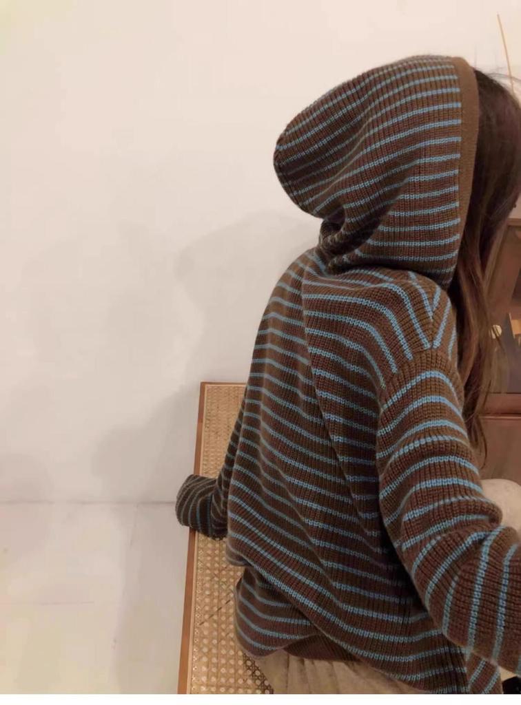 2024 A/W Striped Vintage Knit Hooded Sweater Coat