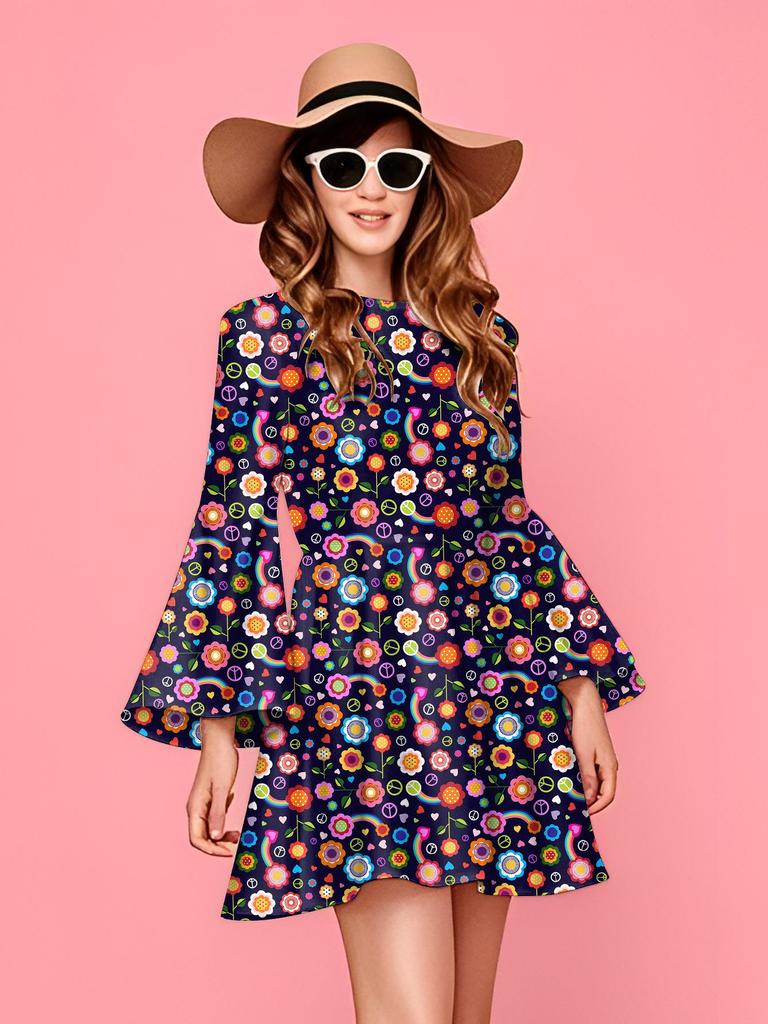 Retro 1970s Hippie Disco Print Women's Dress