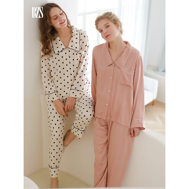 2024 Spring New Simple Satin Rayon Cute Small Pointed Collar Set Women Long sleeve Trousers Pajamas Home Wear
