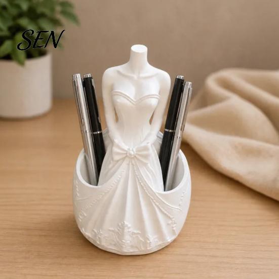 Decorative Dress Shaped Pen Stand 3D Printed Wedding Holder, Stationery Organizer with Dual Storage Artistic Table Decoration Slots for Pens