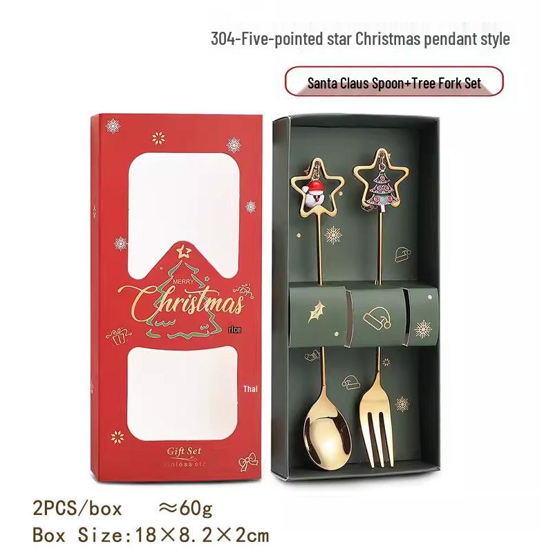 Christmas Cartoon Cutlery Set: Forks, Spoons, and Gift Box Featuring Cute Reindeer and Tree Designs.