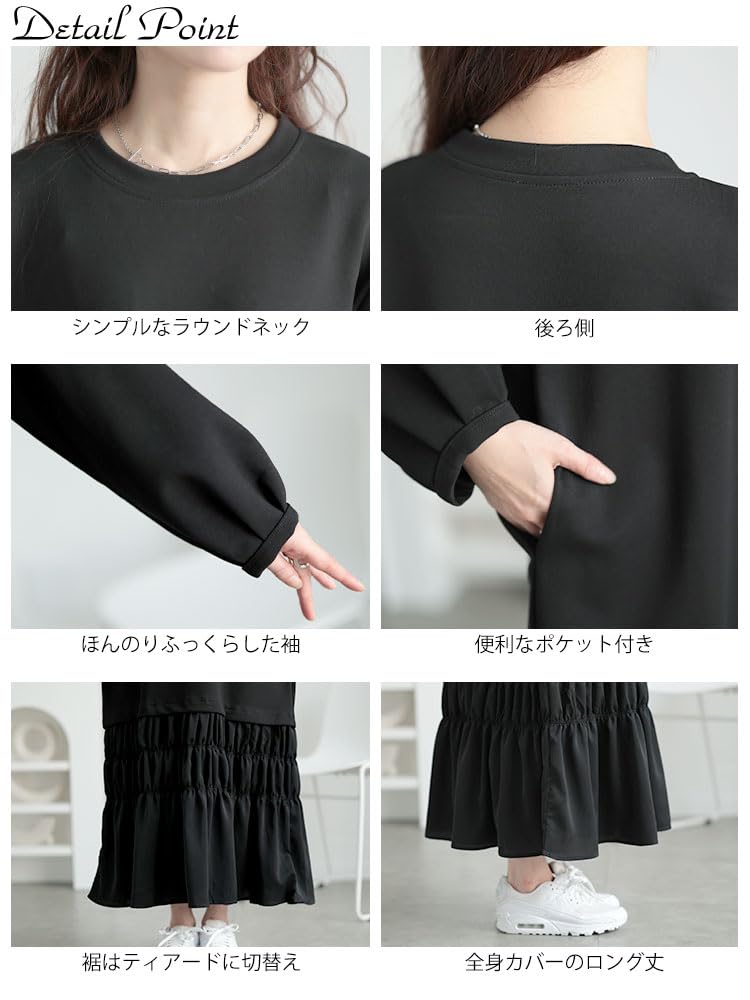 Gold Japan Plus Size Tiered Long Maxi Long Loose Size Black Women's Dress, Hem, Dress, A-Line, Sleeves, Fit, Winter, Autumn, Spring, Goldy-1639, 3L,