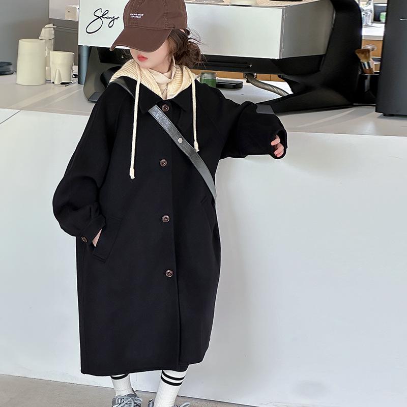 

Girls Woolen Trench Coat - 2025 Spring/Autumn Fashion, Thick Long Outerwear for Big Kids 130 cm чёрный