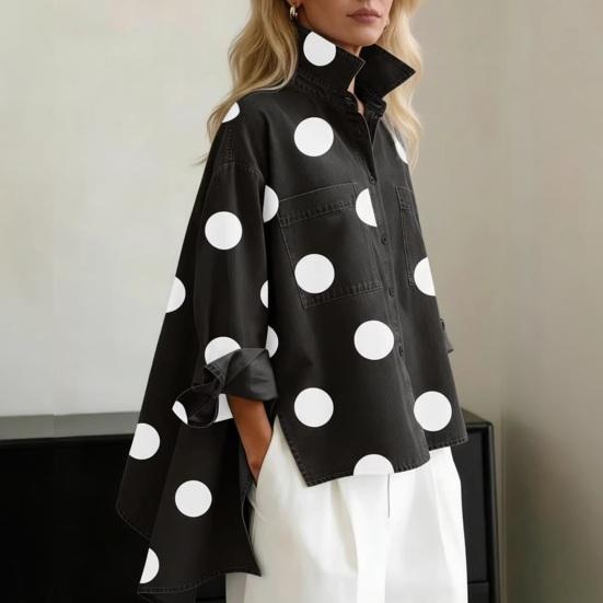 Gepunktetes Jeanshemd für Damen Locker geschnittenes Hemd mit Knöpfen und Brusttaschen Lässige Oversize-Jacke Frühling Sommer Modisches Trendiges Hemd