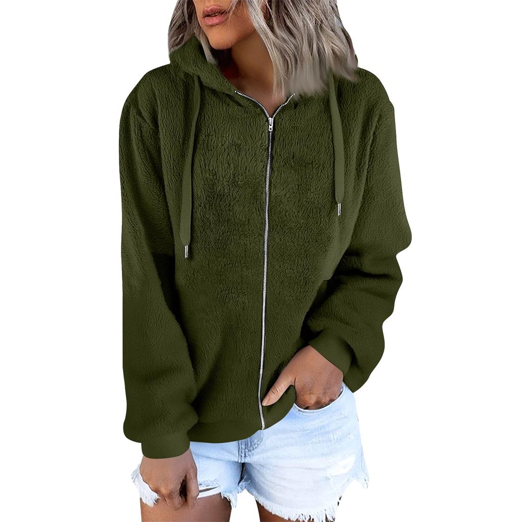 Felpa con cappuccio da donna alla moda calda in pile tinta unita con tasca con cerniera giacca casual