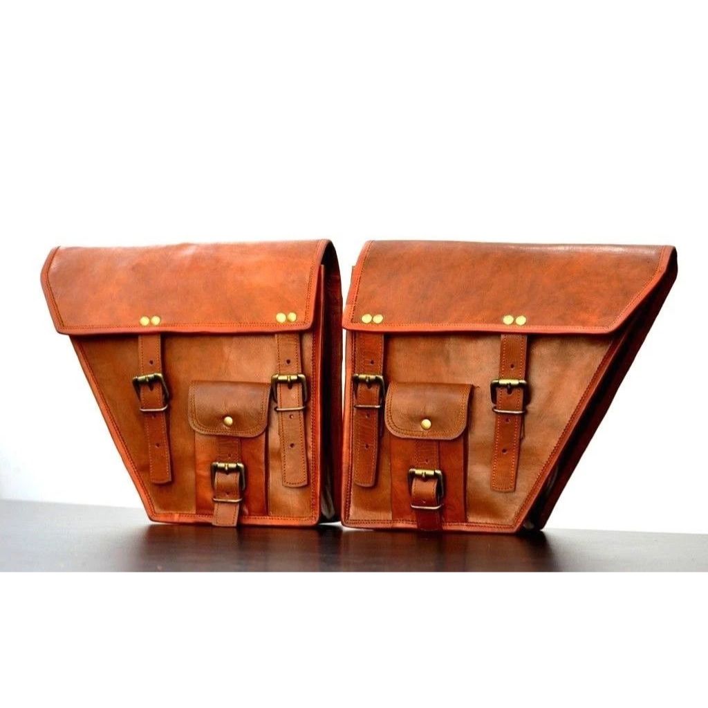 

Saddle Bags Motorcycle Two Bags Side Pouch Brown Leather Pouch 2 Panniers New 11 x 9 x 3 in