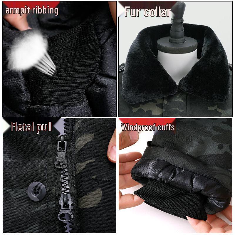 Men's and Women's Army Green Camouflage Winter Coat, Cotton-Padded, Mid-Length, Plus Velvet, Thickened for Cold Protection.