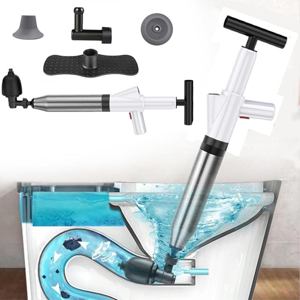 High Pressure Toilet Plunger & Drain Unblocker Kit with Visual Barometer & 4 Replaceable Heads - Heavy Duty for Blocked Toilets, Sinks, Baths, Showers