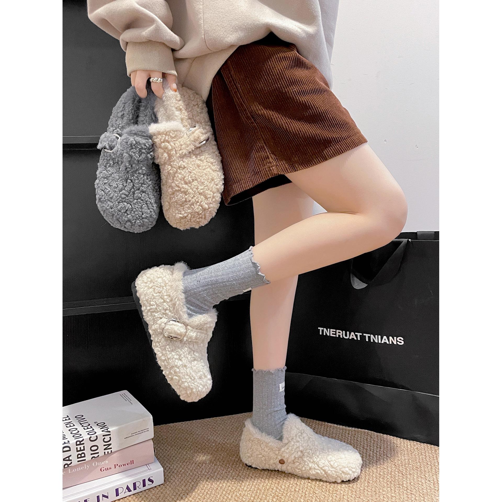 

White retro velvet warm thick-soled Birkenstocks 2025 winter wear non-slip all-inclusive fluffy cotton shoes 40 абрикосовий