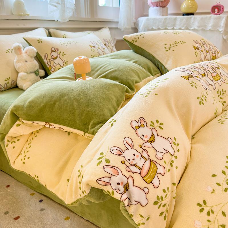 Thickened Milk Fleece Quilt Cover Single Piece Coral Fleece Quilt Cover Four-Piece Set Double-Sided Flannel Fleece