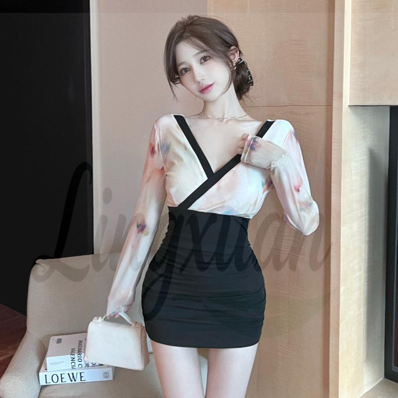 

Chic Mesh Print V-Neck Long Sleeve Bodycon Mini Dress Medium абрикосовий