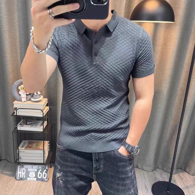 Pineapple Pattern High-Density Stretch Knit Summer Men's Solid Color Plaid Polo Short Sleeve T-Shirt
