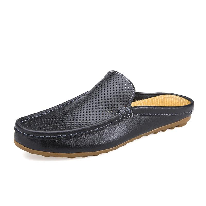 Fashion Brand Summer Half Men's Shoes Genuine Leather Breathable Loafers Slip On Casual Mulles Men Half Slippe Moccasins Plus Size 38-46