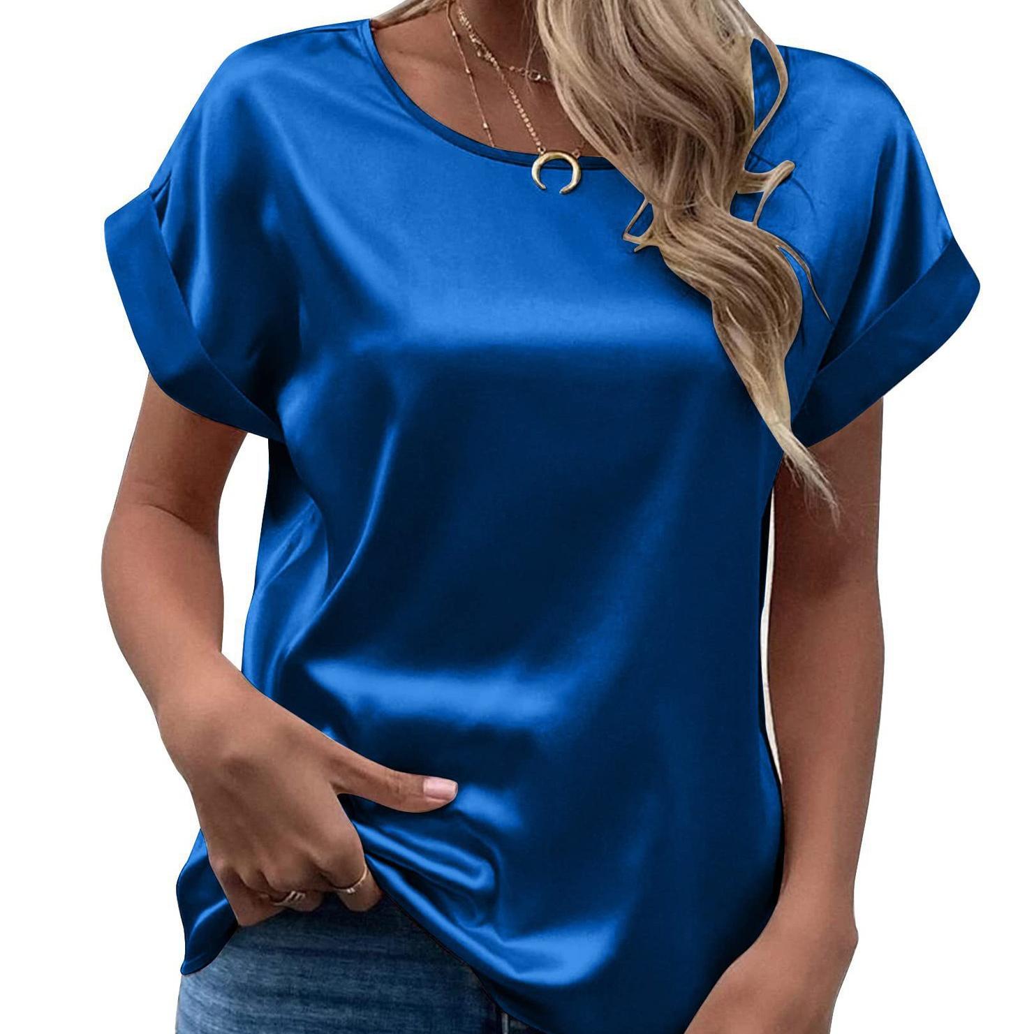 

Весенне-летняя новая женская атласная рубашка с короткими рукавами, свободная и повседневная цветная футболка с круглым вырезом для женщин 2XL синий