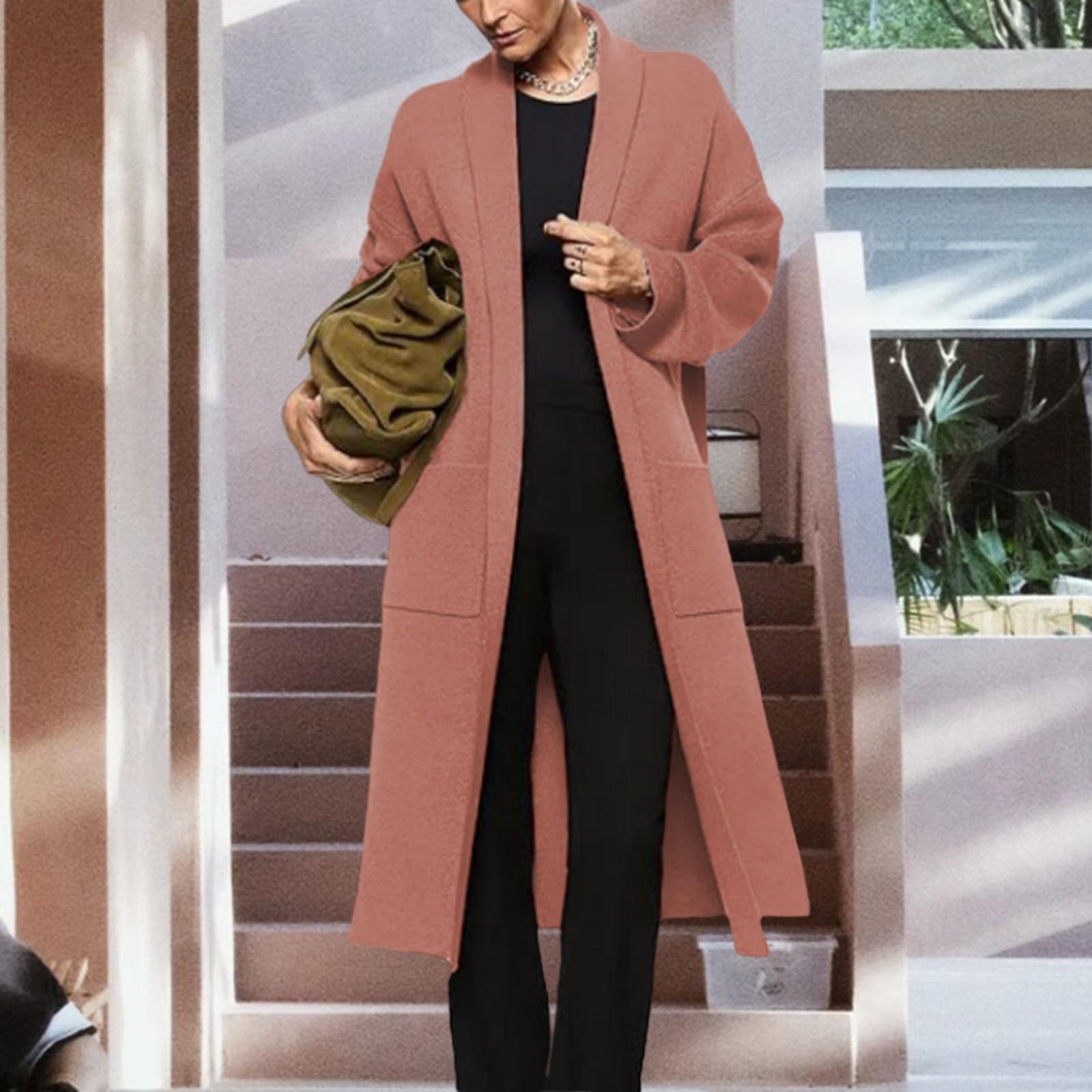 

Женский однотонный повседневный длинный рукав осенне-зимний длинный карманный кардиган свитер свободный свитер большого размера с перекрестными краями пальто XL розовый