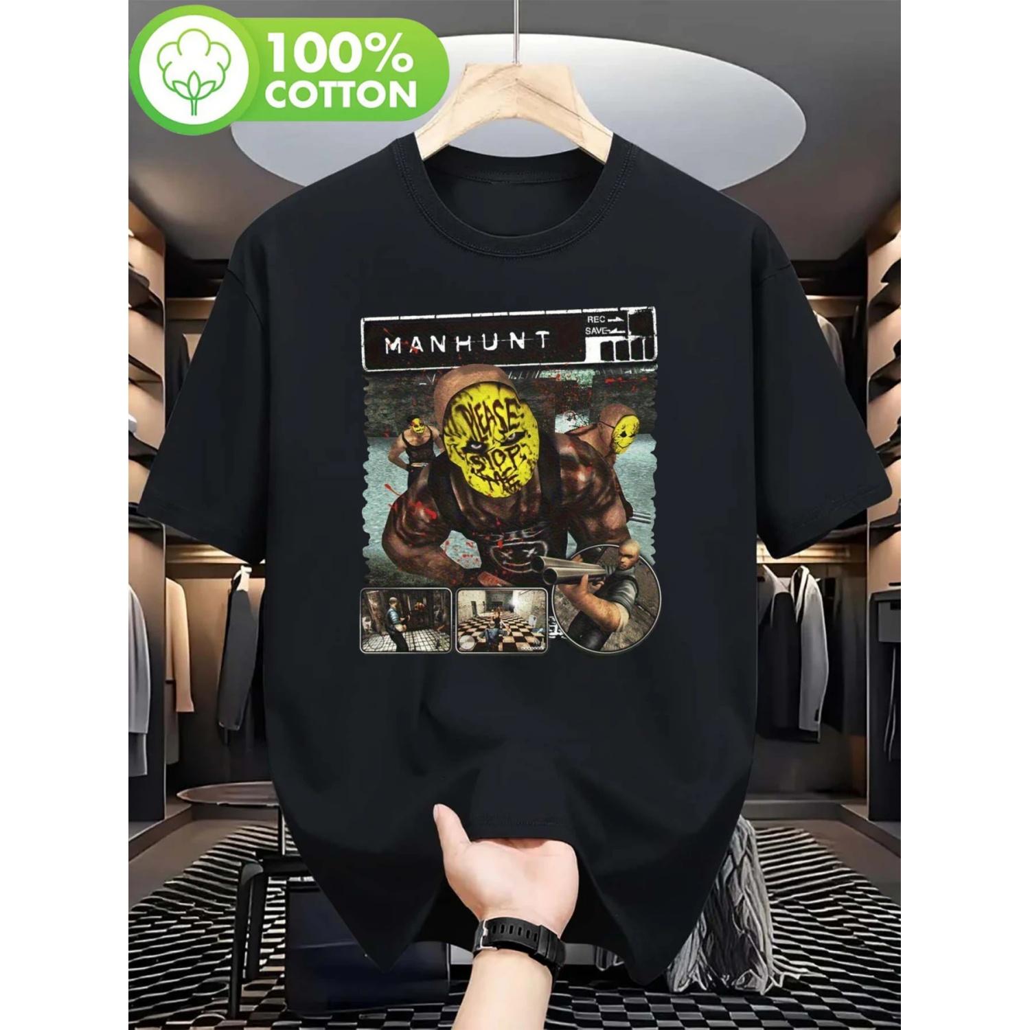 

Men s MANHUNT Horror Printed T-shirt - Action Theme Hunting Pattern Suitable for Gaming Spring, Summer, and Autumn T-shirts S чёрный