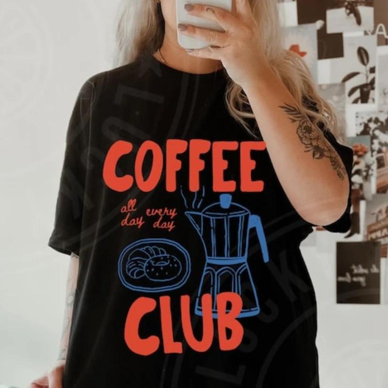 Kaffeeclub Muster Kaffee-Enthusiast Geschenk Retro Kaffeeclub T-Shirt Lebensmittelästhetik Mode Y2k Oberteil Sommer Baumwolle