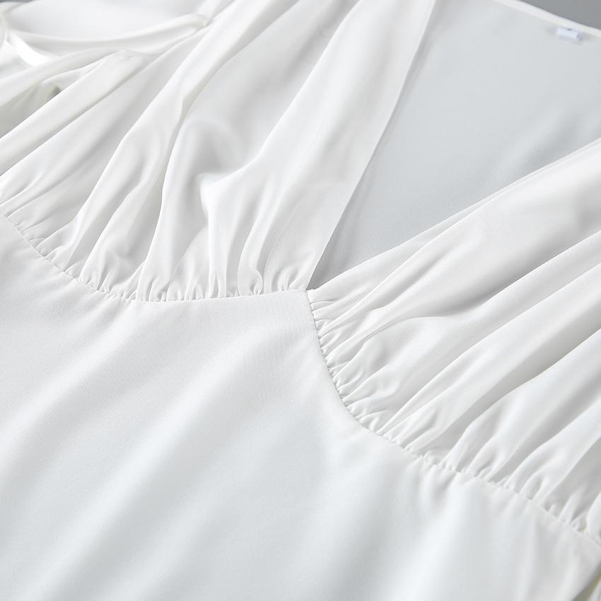 White V-neck Long-sleeved Shirt Women's European and American Waist Lace-up High-end Sensual Temperament Versatile Commuter Women's Top