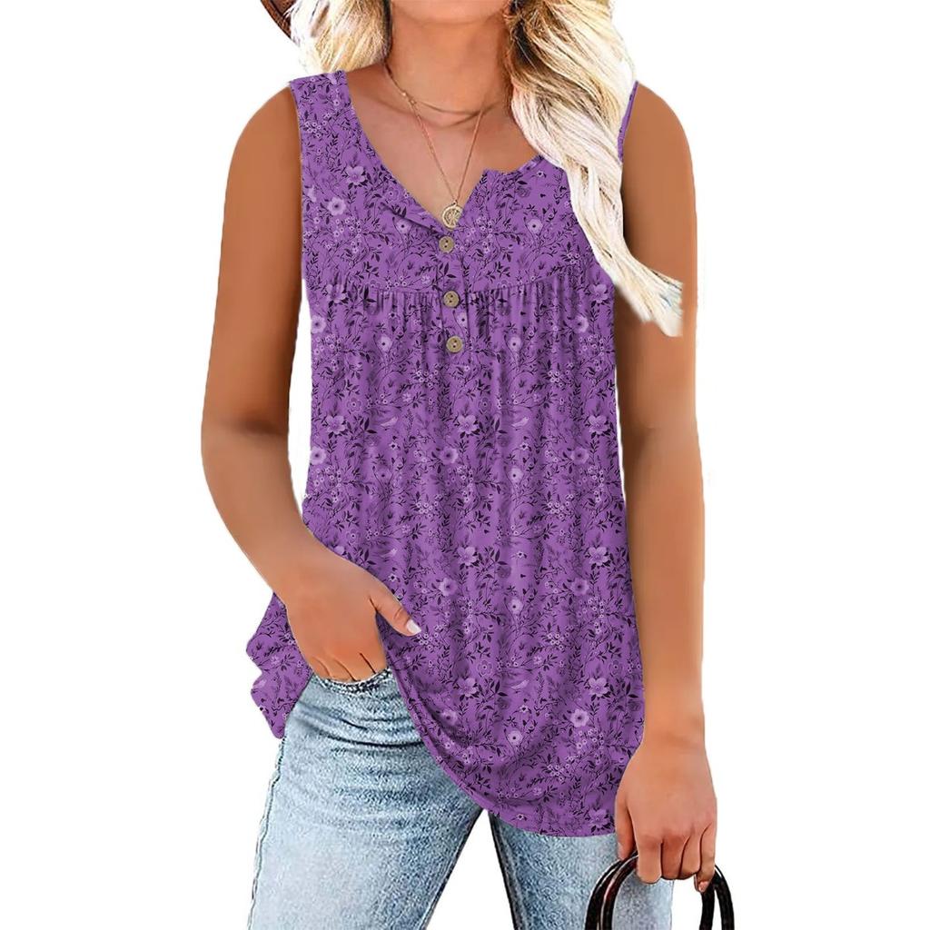 Summer Small Floral Print Round Neck Knit Sleeveless Vest Top Women
