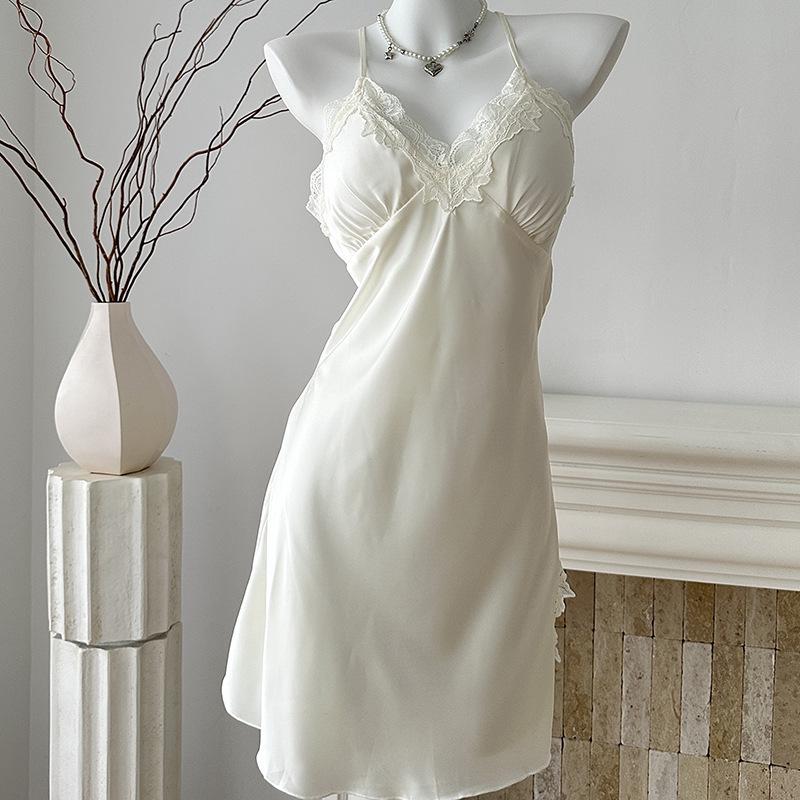 

Женский летний комплект ночной сорочки на бретелях с V-образным вырезом из ледяного шелка – Сексуальный, однотонный, с разрезом, роскошная домашняя одежда из двух предметов M (80-100 jin)