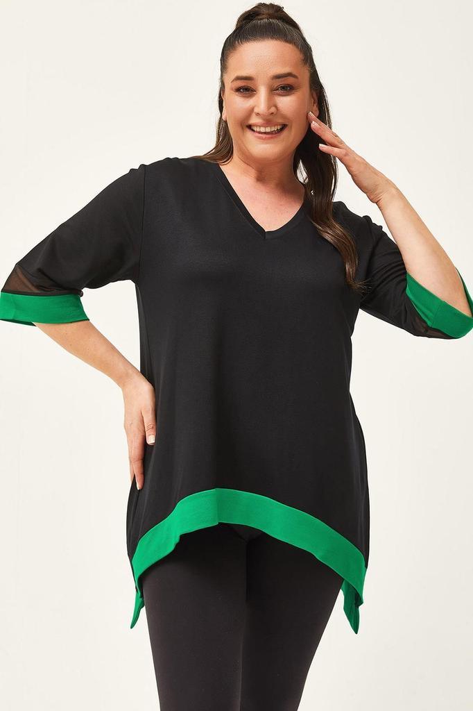 Women's Big Size Blouse Plus Size Black-Green Blouse with Tulle Detail On Sleeves and Skirt