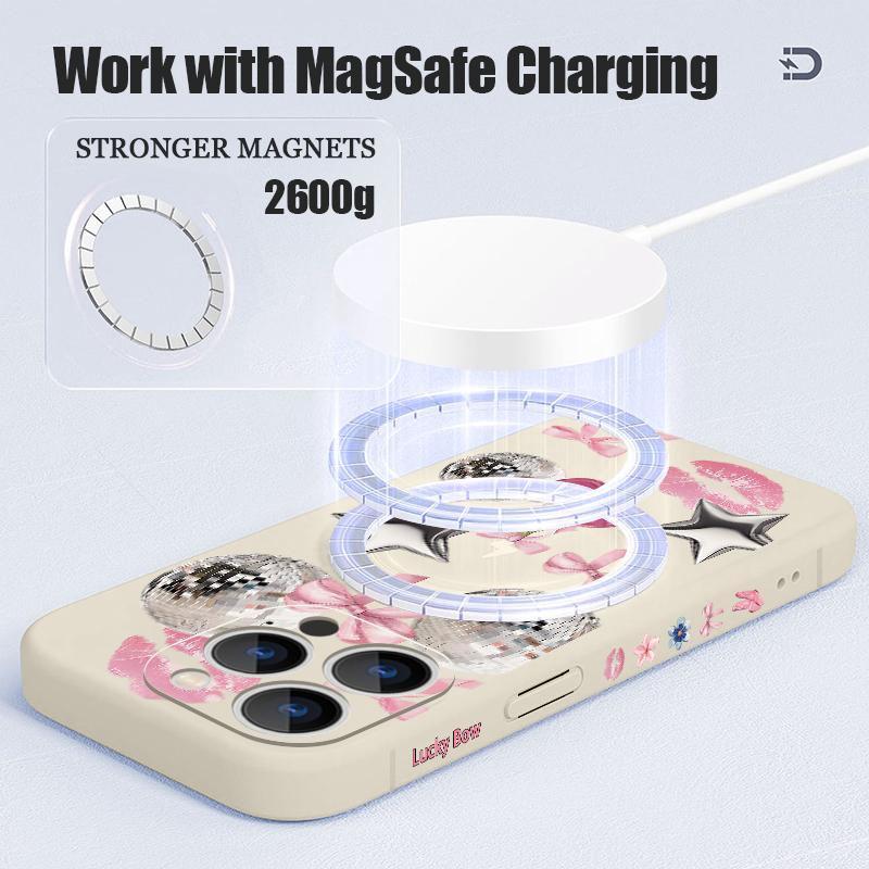 For iPhone 17 Pro Max Case Cherry Bowknots Lips Disco Ball Magnetic For Magsafe Silicone Cover For iPhone 16 Pro Max Funda iPhone 15 14 13 12 11 16E