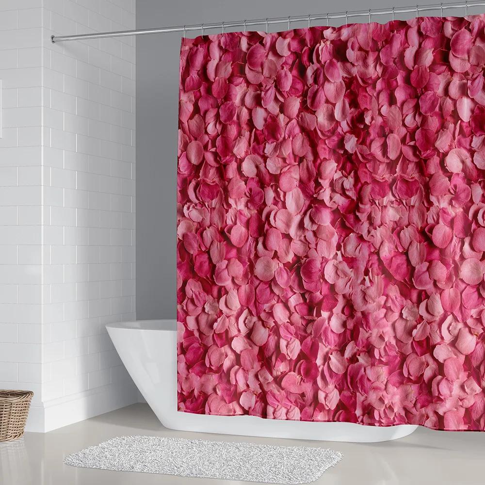 Rose Shower Curtain, Red Flower Fabric Bathroom Curtains Set with Hooks Floral Bathroom Decor Polyester Machine Washable