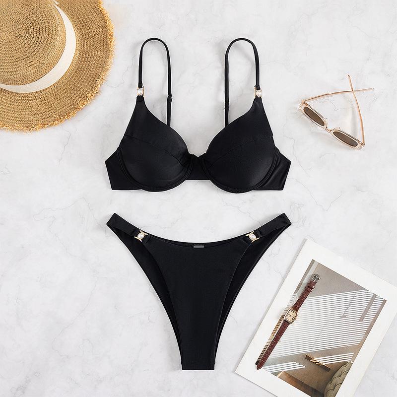 

2025 Black Pearl Push-up Bikini: European American Two-Piece Swimsuit with Underwire Support Large