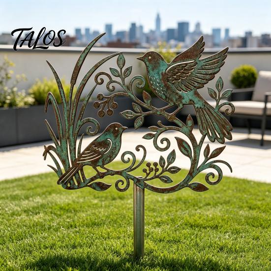 Rustic Copper Bird Statue Metal Garden Stake, Weather Resistant Iron Yard Art Ornament, Figurine Retro Patina Finish Sign for Outdoor Lawn Decor