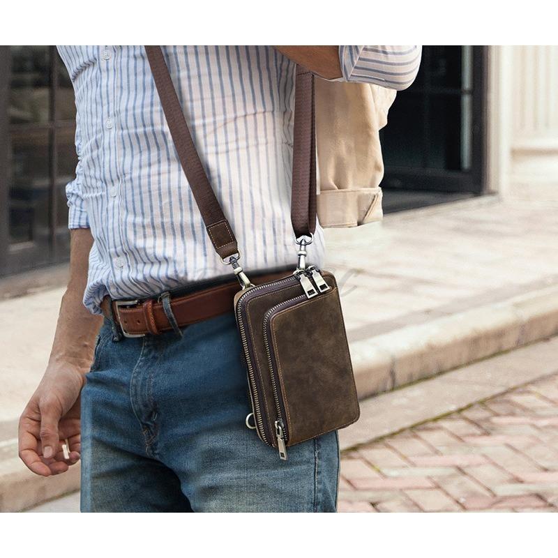 Retro Crazy Horse Leather Phone Bag Outdoor Portable Shoulder Crossover Multi Functional Waist Large Screen Phone Storage Bag