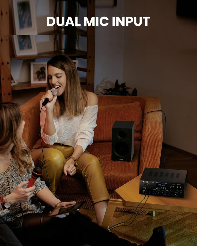 Moukey Erősítő Rendszer Mikrofon Mixer Max Kimenő Teljesítmény 220W Bluetooth Kompatibilis Kétcsatornás Hang Audio Sztereó Erősítő Monitorozás USB, SD, AUX,