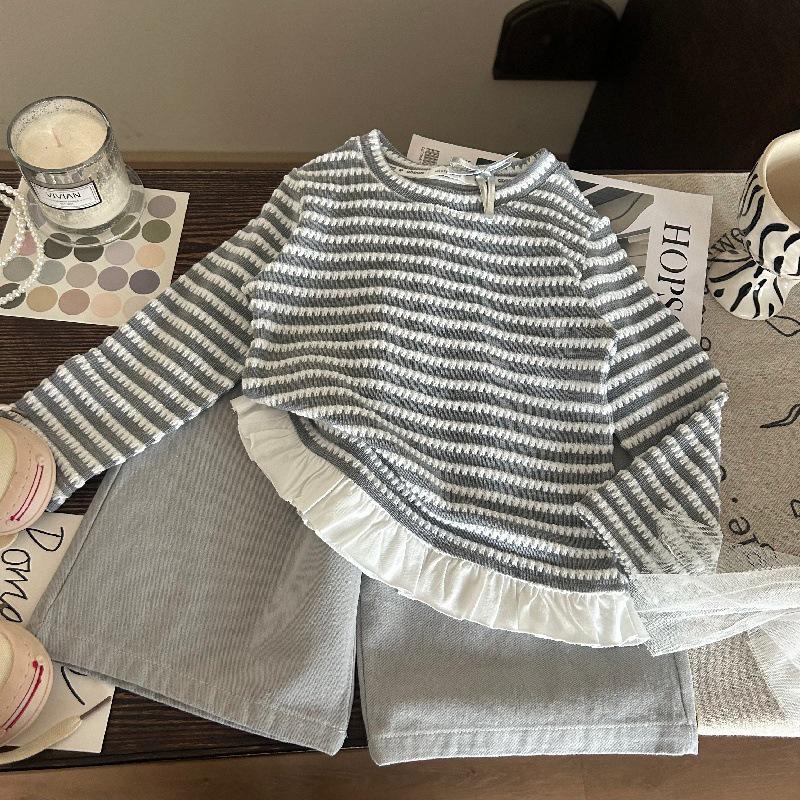 Korean Style 2025 Spring Girls' Striped Shirt & Blue Wide-Leg Pants Set